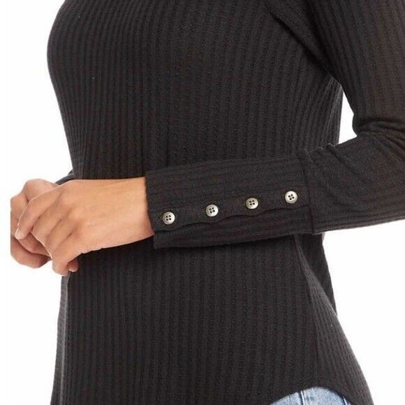 Chaser Women’s Black Long Sleeve Waffle Knit Thermal Top Button Cuffs Sz XLarge - Picture 7 of 14
